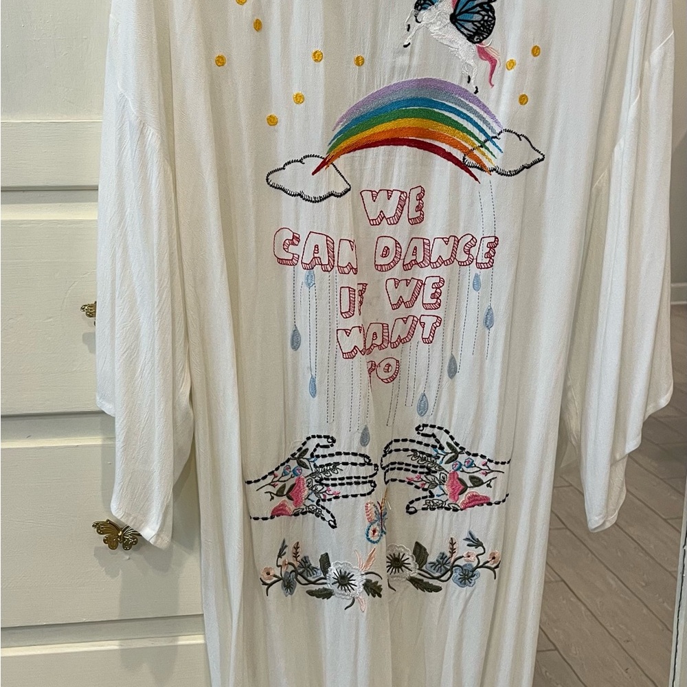 Emery Park White Embroidered Kimono with Rainbow and Butterfly Design